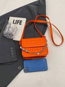 HELLO WEEKEND 1pc Mini Chain Decor Stone Pattern Pu Portable Flap Closure Magnetic Snap Fashion Crossbody Bag Suitable For Women Daily Use - Orange - View 4