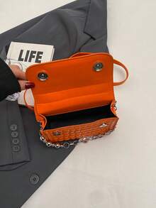 HELLO WEEKEND 1pc Mini Chain Decor Stone Pattern Pu Portable Flap Closure Magnetic Snap Fashion Crossbody Bag Suitable For Women Daily Use - Orange - View 8