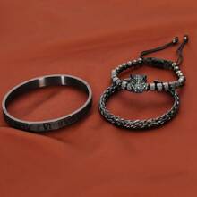 Set de 3 piezas Pulsera trenzada de lujo hecha a mano para hombre, con cabeza de leopardo con pavé de CZ, numeral romano, brazalete de acero inoxidable, para uso de negocios, ocio y uso diario, regalo para el Día del Padre o cumpleaños del novio - Negro - Ver 3