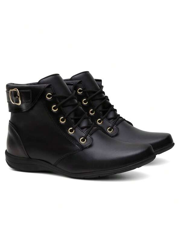 Bota Botinha Feminina Cano Curto Cadarço Conforto Moderno Casual Fivela Preto