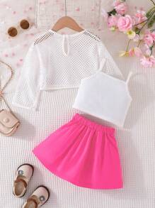 3 piezas Conjunto de ropa de vuelta al colegio para niña joven, de moda y dulce, de verano, incluye camiseta de unicolor, parte superior de red calada y falda mini plisada - Rosa Fucsia - Ver 2