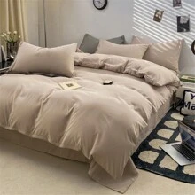 4pcs Super Soft Solid Color Bedding Set (1 Quilt Cover, 1 Bedsheet, 2 Pillowcases) For All Seasons - Apricot - View 4