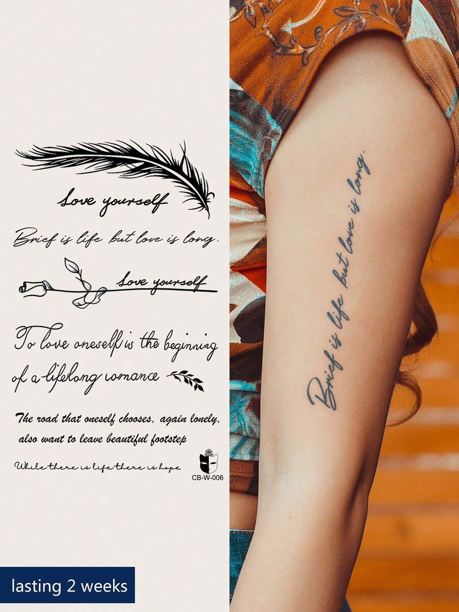 CAT QUEEN ART 1張帶藍色字樣、羽毛和句子設計的刺青貼紙。可持續7-14天,不會脫落或反射光線,適用於手臂、手腕、胸部、腹部、背部或身體任何部位 - 黑色 - 查看 1