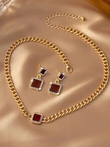 1pc Fashionable Gemstone & Diamond Decor Necklace And 1pair Gemstone & Diamond Decor Stud Earrings Suitable For Daily Wear, Parties And As Gifts