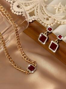 1pc Fashionable Gemstone & Diamond Decor Necklace And 1pair Gemstone & Diamond Decor Stud Earrings Suitable For Daily Wear, Parties And As Gifts