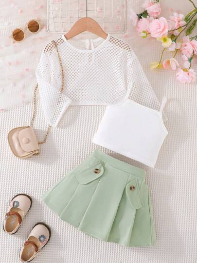 3 件套儿童年轻女孩返校时尚甜美服装夏季新款纯色镂空网眼吊带背心和百褶裙套装