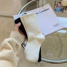 5pairs Solid Ribbed Socks, Simple & Comfy Mid Tube Socks, Women's Stockings & Hosiery, Fall