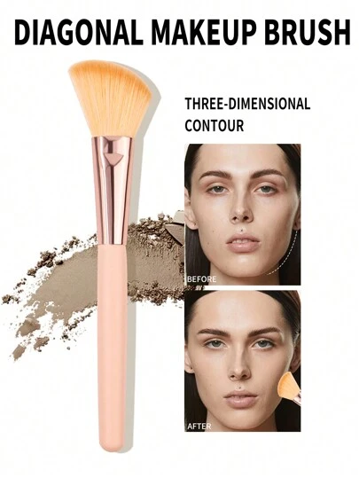 1支斜角轮廓刷，柔软化妆工具，适合初学者，可用于腮红、修容、粉底、遮瑕、腮红、轮廓修饰、修容、散粉等多种用途。