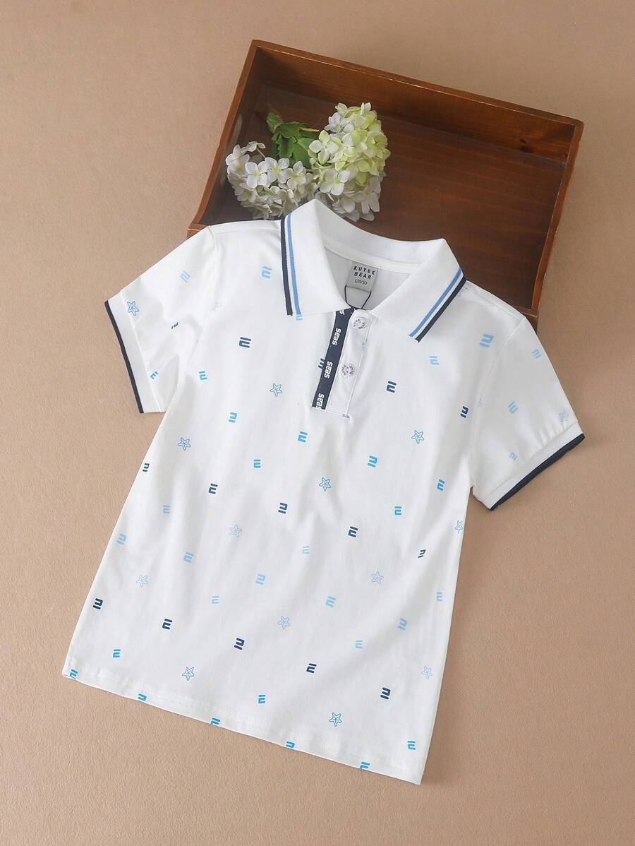 Tween Boy's Collared College Style Letter Printed Short Sleeve Polo Shirt, Summer - White - View 1