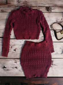 Conjunto Tejido sueter manga larga+ falda coquette - Granate - Ver 2