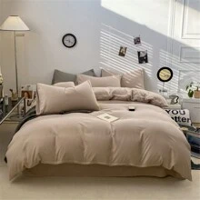 4pcs Super Soft Solid Color Bedding Set (1 Quilt Cover, 1 Bedsheet, 2 Pillowcases) For All Seasons - Apricot - View 2