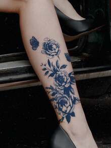 1入組帶有花紋的藍色草本半永久性紋身貼紙（可持續7-14天,不褪色,不閃爍）,適用於手臂、手腕、身體、果汁吧。 - 藍色 - 查看 4