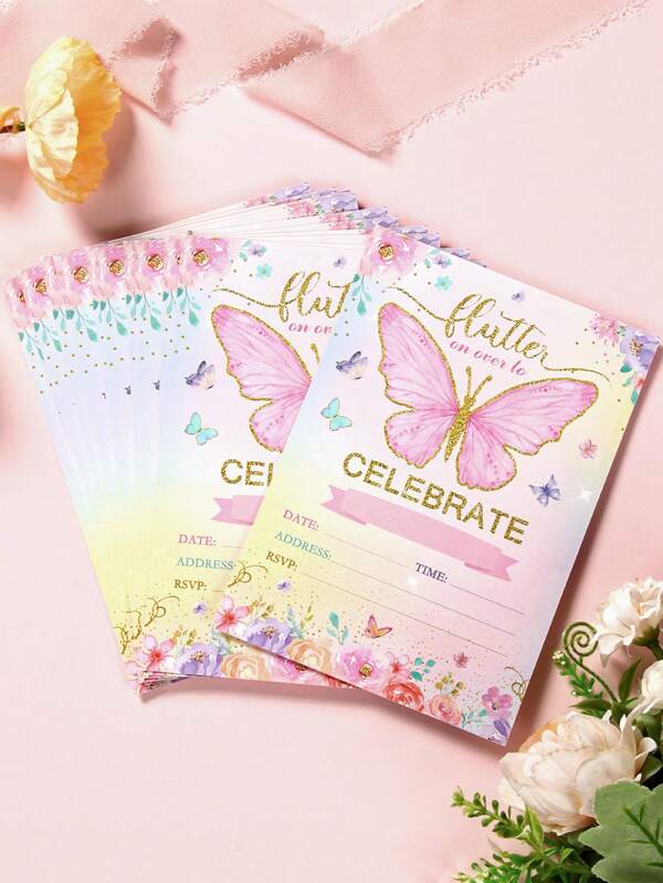 12pcs Pink Butterfly Style Paper Invitation Card, Invitation Letter For Gender Reveal Pink Theme Birthday Wedding Holiday Party,Christmas