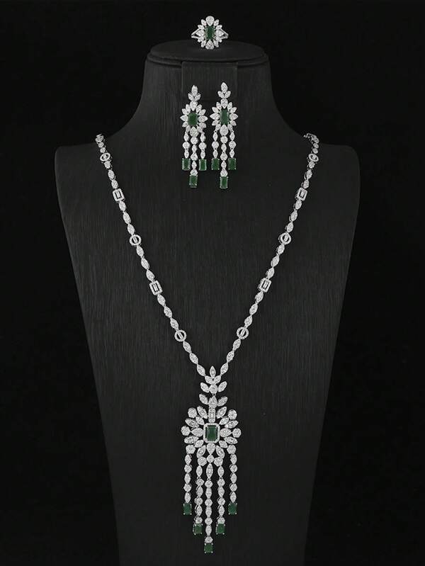 1 Set Valentine's Day Gift Teardrop Leaf Cube Tassel Cubic Zirconia Necklace Earrings Bracelet Ring Jewelry Set, Suitable For Ladies Holiday Wear