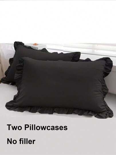 2 件黑色、白色、灰色纯色涤纶蕾丝枕套，可机洗