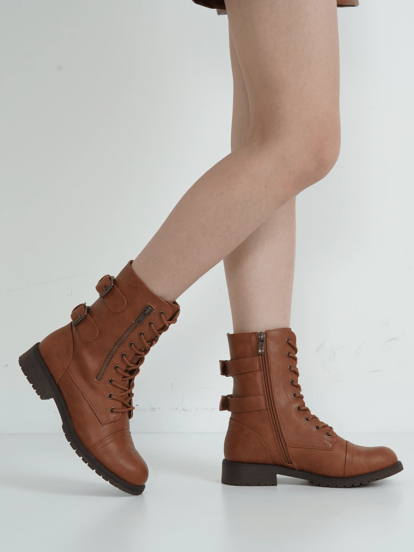 Comfyshoes Women's Combat Boots, Mid Calf Boots, With Card Wallet Pocket - 棕色 - 查看 1