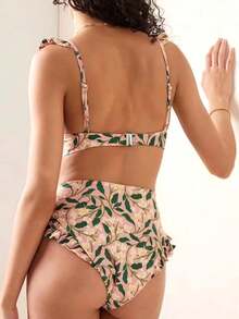 Women Floral Print Ruffled Trimmed Bikini Set With Skirt & One Size Cover-Up Skirt Summer - Pink - View 5