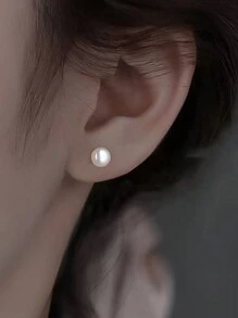 ELSEDES 1pair Fashionable Simple S925 Silver With White Faux Pearl Inlay Stud Earrings, Enhancing Delicate And Sophisticated Style, Suitable For Women's Daily, Work And Party Outfit Wedding Jewelry Bridal Jewelry