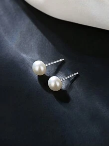 ELSEDES 1pair Fashionable Simple S925 Silver With White Faux Pearl Inlay Stud Earrings, Enhancing Delicate And Sophisticated Style, Suitable For Women's Daily, Work And Party Outfit Wedding Jewelry Bridal Jewelry