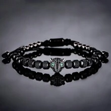 Set de 3 piezas Pulsera trenzada de lujo hecha a mano para hombre, con cabeza de leopardo con pavé de CZ, numeral romano, brazalete de acero inoxidable, para uso de negocios, ocio y uso diario, regalo para el Día del Padre o cumpleaños del novio - Negro - Ver 10