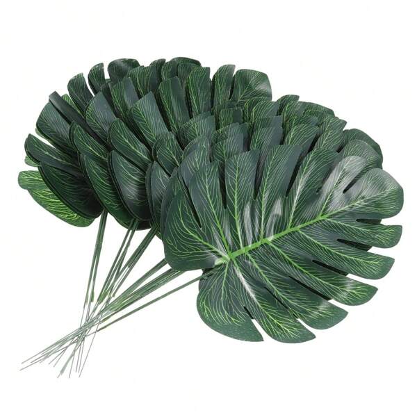 10/20 piezas Hojas de palma artificiales tropicales de 13.35" con tallos, hojas de imitación de planta tropical Monstera para decoración de fiesta hawaiana de San Valentín, regalo