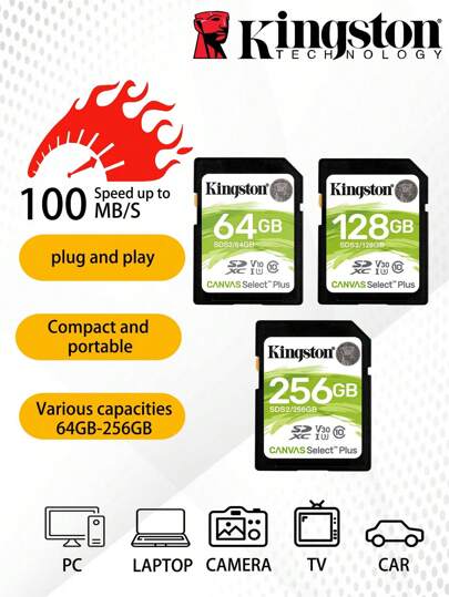 KINGSTON Kingston 1pc SDS2 Memory Card 32GB/64GB/128GB/256GB DSLR Camera SD Card