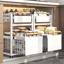 1pc Multi-Functional Pull-Out Kitchen Shelf For Storing Seasonings, Food Bags, Kitchen Storage Box For Kitchen And Bathroom Cabinet - White - View 1