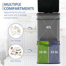 HOMCOM 72L Recycling Sensor Bin Stainless Steel 3 Compartments For Both Wet/Dry Waste W/Removable Lid  Kitchen Home