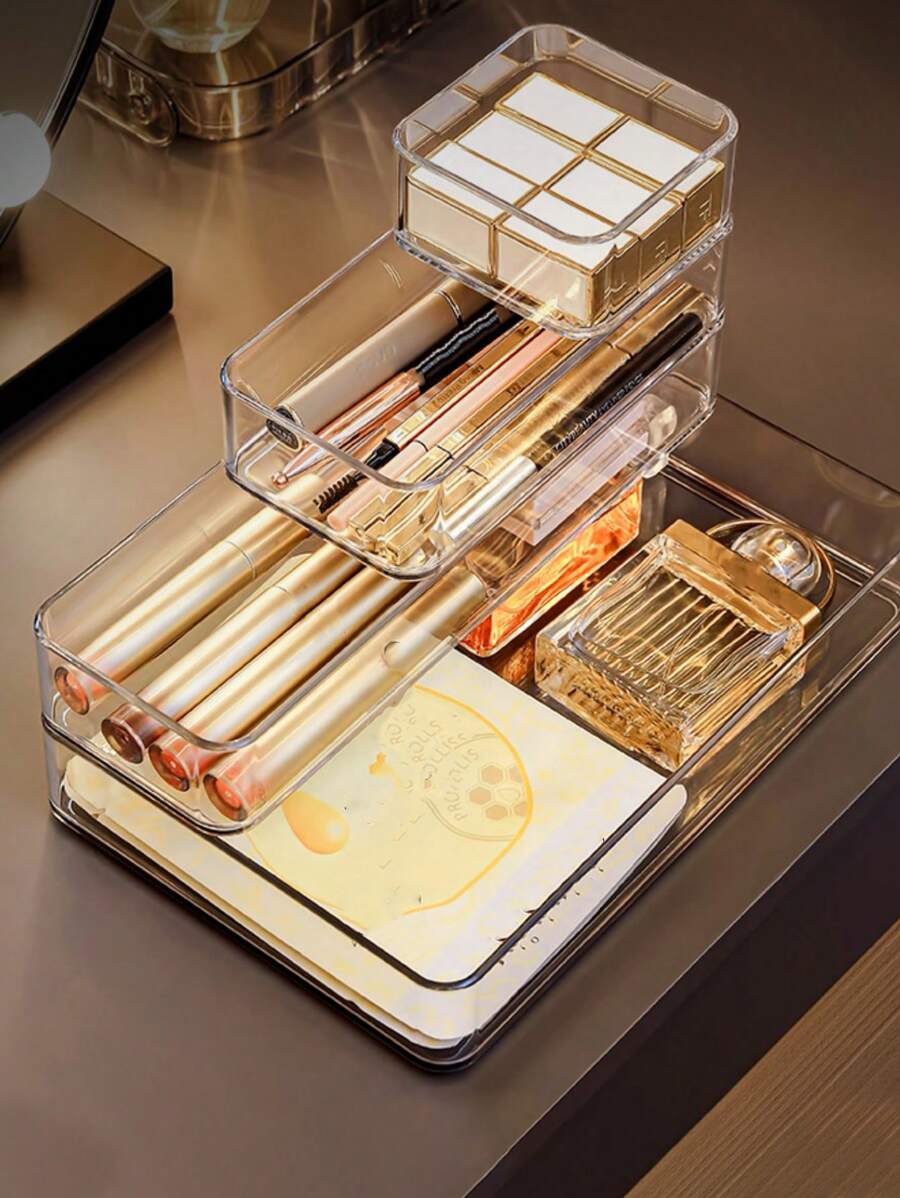 1pc/5pcs Makeup Organizer With Drawers, Stackable Transparent Perfume Organizer, Vanity Storage Box For Makeup Brush, Stationery, Lipstick, Powder Puff, Medicine Rack, School Supplies And Dormitory Supplies Collection Box - Clear - View 1