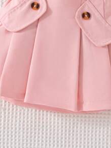 3 piezas/Set Conjunto de ropa elegante y dulce de regreso a la escuela para niña joven, que incluye camiseta interior de unicolor, blusa de red calada y falda plisada, verano - Rosa - Ver 7