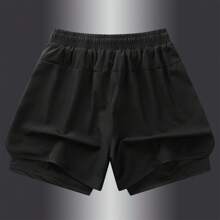 Boyfriend Style Men's Quick-Drying Inner Lining Training Shorts With Built-In Compression Shorts, Summer Black - Black - View 2