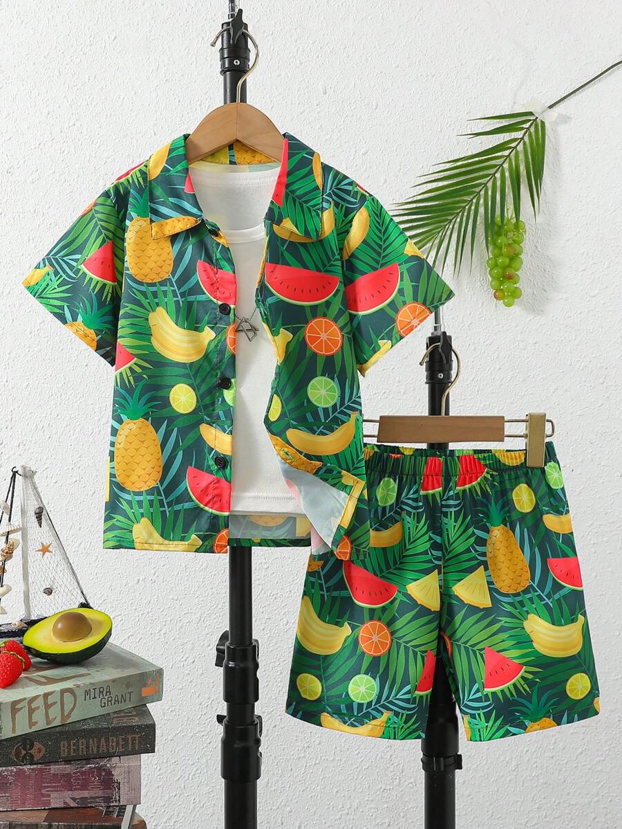 2pcs Young Boy Beach Vacation Casual Outfit Set, Spring/Summer - Blue - View 1