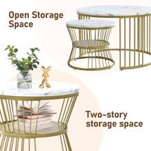 Flieks Round Coffee Tables, Removable Set Of 2 End Table, Nesting Tables With Gold Metal Frame Legs And Marble Pattern Top For Living Room, Bedroom, Office, Balcony, Apartment - White - View 8