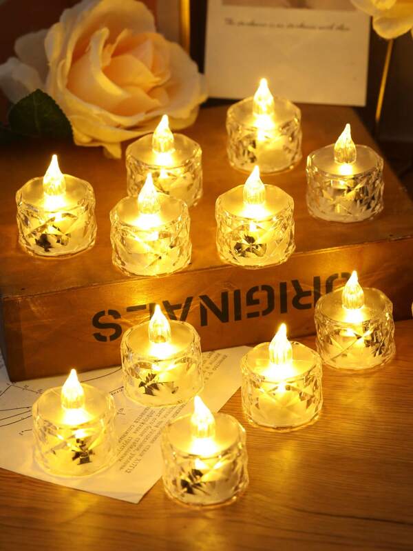 2/3/5/12/24pcs Acrylic Crystal Pattern LED Electronic Candle Light With Battery, Rose Pattern Projection Tea Candle Light , Simulated Flameless Candle Light For Wedding,Valentine's Day, Halloween, Christmas, Holiday, Home Decoration,Table Decoration Candle