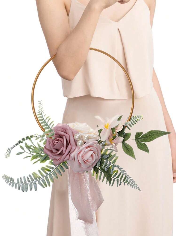 1個 ウェディング ゴールド リース フラワーアレンジメント、花嫁ブライダルシャワー、式典 記念日 フラワーリース ウェディングデコレーション リース ローズフラワーとリボン ウェディング、ナーサリー、壁掛け、バレンタインデー - マルチカラー - 見る 12