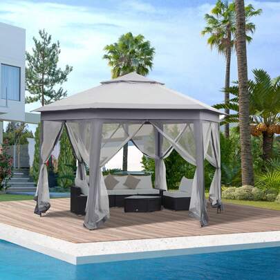 Outsunny Hexagon Patio Gazebo Pop Up Gazebo Outdoor Double Roof Instant Shelter With Netting, 3 X 4m