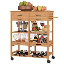 Furchen Kitchen Island Cart On Wheels With Storage Drawer & Shelves,Kitchen Trolley With Worktop,6 Bottles Wine Rack, 2 Removable Tray 66x36x80.5cm - Yellow - View 4