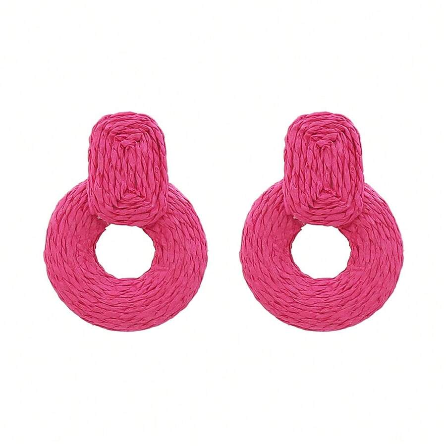 1pair Handmade Raffia Grass Braided Earrings, Elegant Accessory For Summer Holiday And Evening Dresses - Hot Pink - View 1