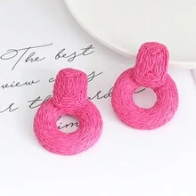 1pair Handmade Raffia Grass Braided Earrings, Elegant Accessory For Summer Holiday And Evening Dresses - Hot Pink - View 2