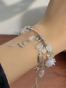 1入組優雅光澤玻璃和金屬亞洲柳景和蛇形珠串手鍊,適合女性日常佩戴 - 無色 - 查看 4