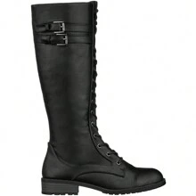 Women's Knee High Riding Boot Lace Up Boot Fashionable Buckle Wide Calf Knee High Combat Boot - màu đen - Xem 2