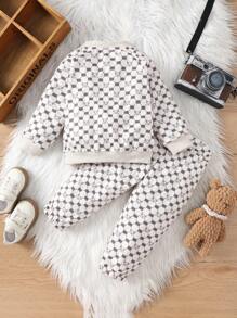 H HIBOBI 2pcs/Set Baby Boy Spring & Autumn Long Sleeve Fleece Zipper Jacket And Pants Set With Bear Print - Khaki - View 2