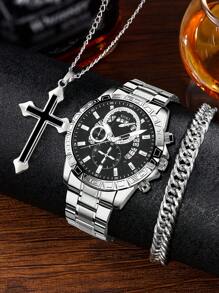 SOKI SOKI 1 Set Reloj de pulsera para hombre, estilo de moda casual de negocios con calendario, correa de acero inoxidable, movimiento de cuarzo, correa de acero desmontable y collar colgante, juego de pulsera de eslabones cubanos, adecuado para uso diario, regalo de cumpleaños, fiesta, reunión festiva, regalo ideal para usted o sus amigos. No se incluye caja de embalaje. - Plateado - Ver 1