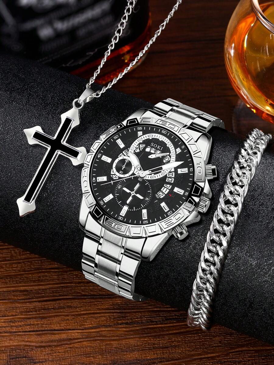 SOKI SOKI 1 Set Reloj de pulsera para hombre, estilo de moda casual de negocios con calendario, correa de acero inoxidable, movimiento de cuarzo, correa de acero desmontable y collar colgante, juego de pulsera de eslabones cubanos, adecuado para uso diario, regalo de cumpleaños, fiesta, reunión festiva, regalo ideal para usted o sus amigos. No se incluye caja de embalaje. - Plateado - Ver 1