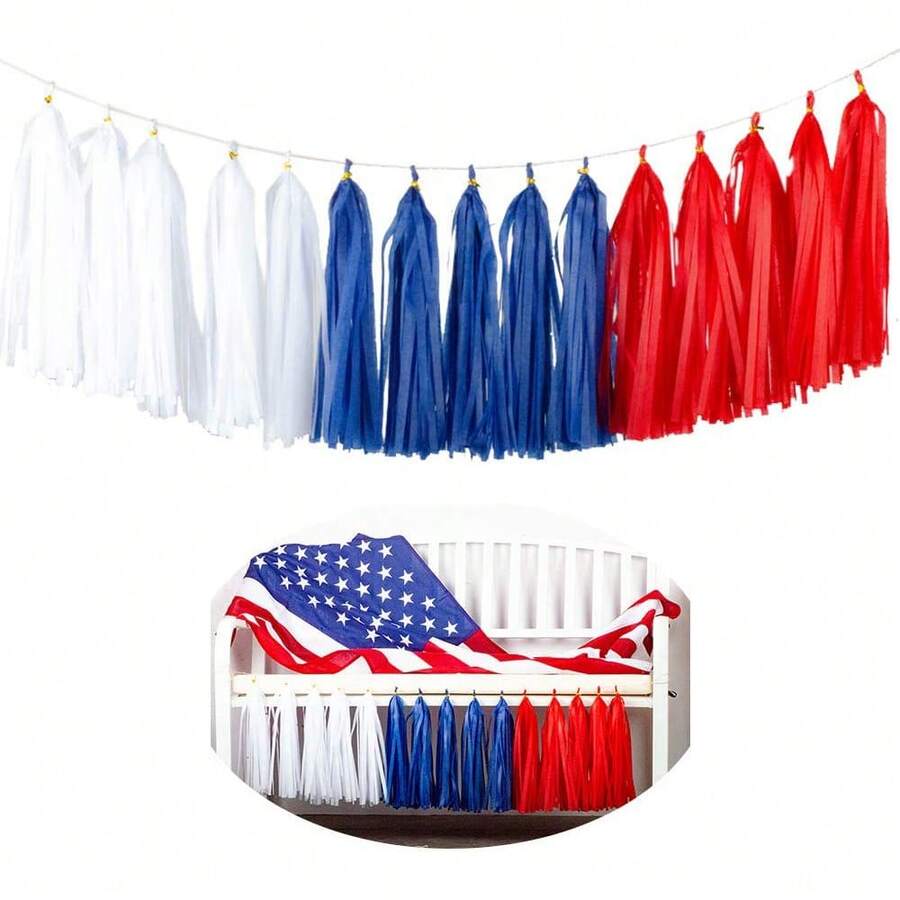 15PCS Red Blue White DIY Tissue Tassel Garland Fourth Of July USA