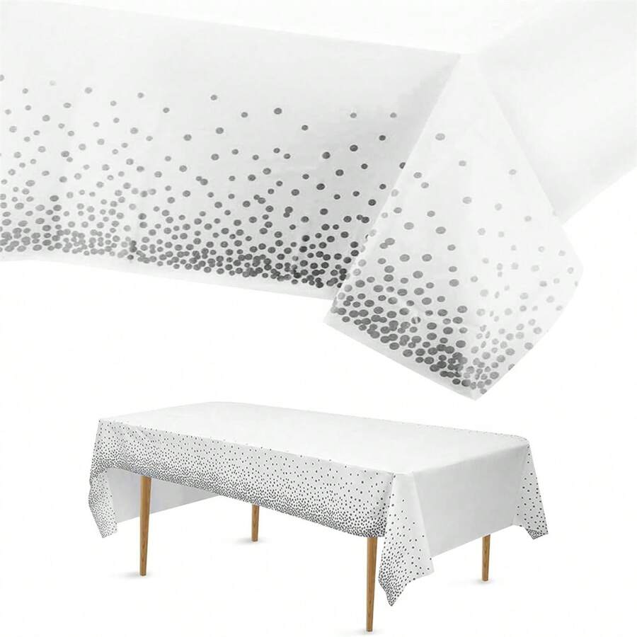 قطعة واحدة من الطاولة البيضاء والنقاط الفضية القابلة للتخلص منها، غطاء طاولة الحفلات المستطيل لعيد الميلاد والتخرج والمطعم وحفلات الزفاف والأعراس وحفلات الشاي في الحديقة