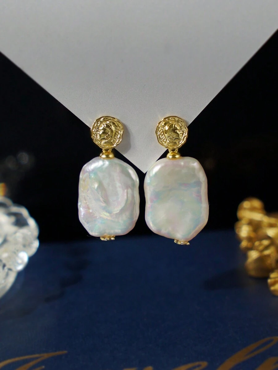 1 đôi Retro Baroque Phong cách Trân châu Hoa tai Nghệ Embellished Với Chân dung Đối với Của phụ nữ Mặc hàng ngày - Vàng - Xem 1