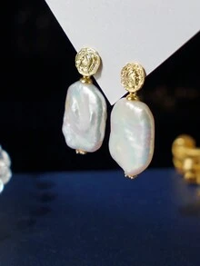 1 đôi Retro Baroque Phong cách Trân châu Hoa tai Nghệ Embellished Với Chân dung Đối với Của phụ nữ Mặc hàng ngày - Vàng - Xem 2