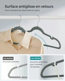 SONGMICS Cintres en Velours, Lot de 50, Antiglisse, avec Encoches, Barre pour Pantalons, Crochet Pivotant à 360°, Gain de Place, Épaisseur 0,6 cm, Longueur de 43 cm, Gris - Lot de 50 Gris - Voir 4