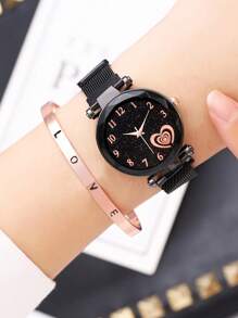 Bộ 2 đồng hồ thạch anh thời trang dáng suông hấp thụ đá sắt hình bầu trời đầy sao dành cho nữ, kết hợp với bộ trang sức vòng tay LOVE, thích hợp cho tiệc tối, lễ hội, tiệc tùng, đám cưới và đeo hàng ngày, mùa tựu trường, mùa tốt nghiệp, lễ Tạ ơn, đây là món quà tuyệt vời nhất dành cho phụ nữ. - màu đen - Xem 12